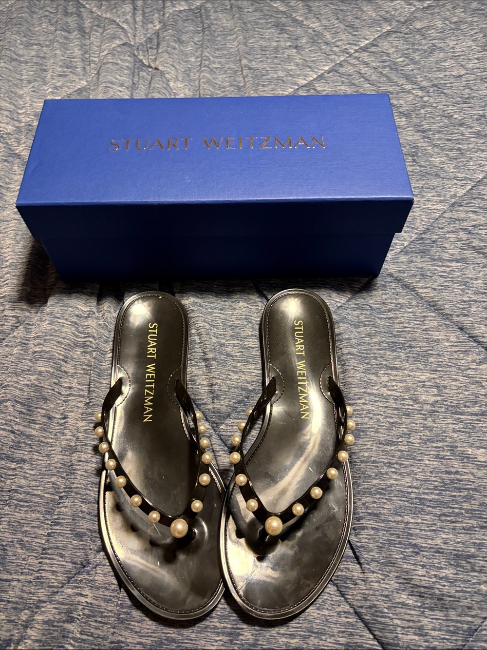 Stuart Weitzman Black Pearl-Trim Toe-Post Sandals
